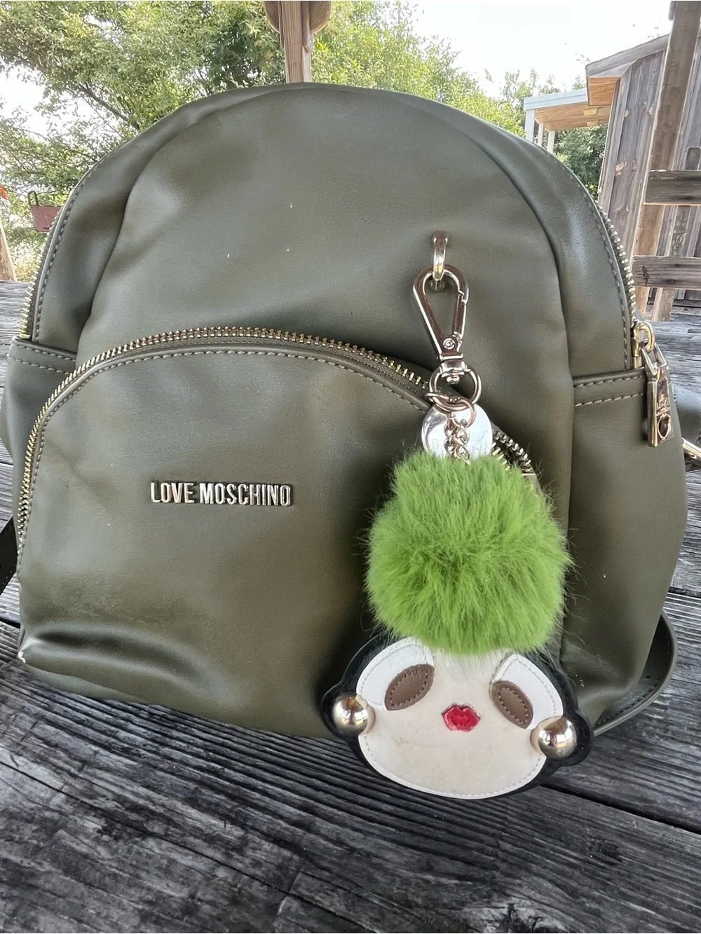 Love Moschino Olive Green sm Backpack with Green Pom-Pom Charm